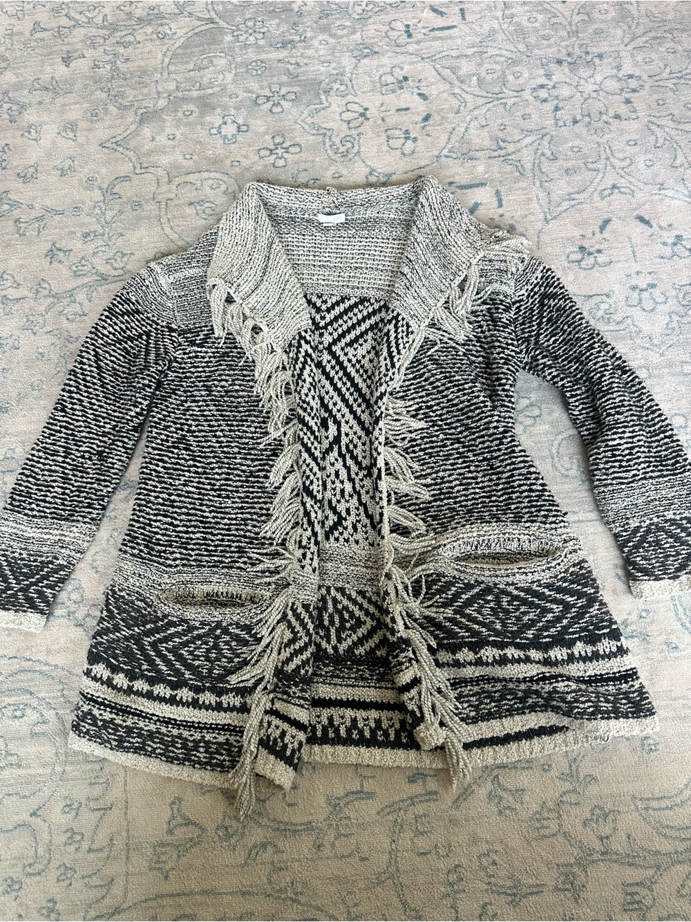 J.Jill Cardigan Women’s Small Black Cream Fringe Open Front Boho Sweater